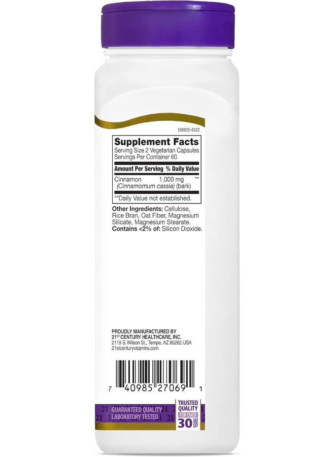 21st Century Cinnamon Dietary Supplement 1000 mg - 120 Vegetarian Capsules - Image 2